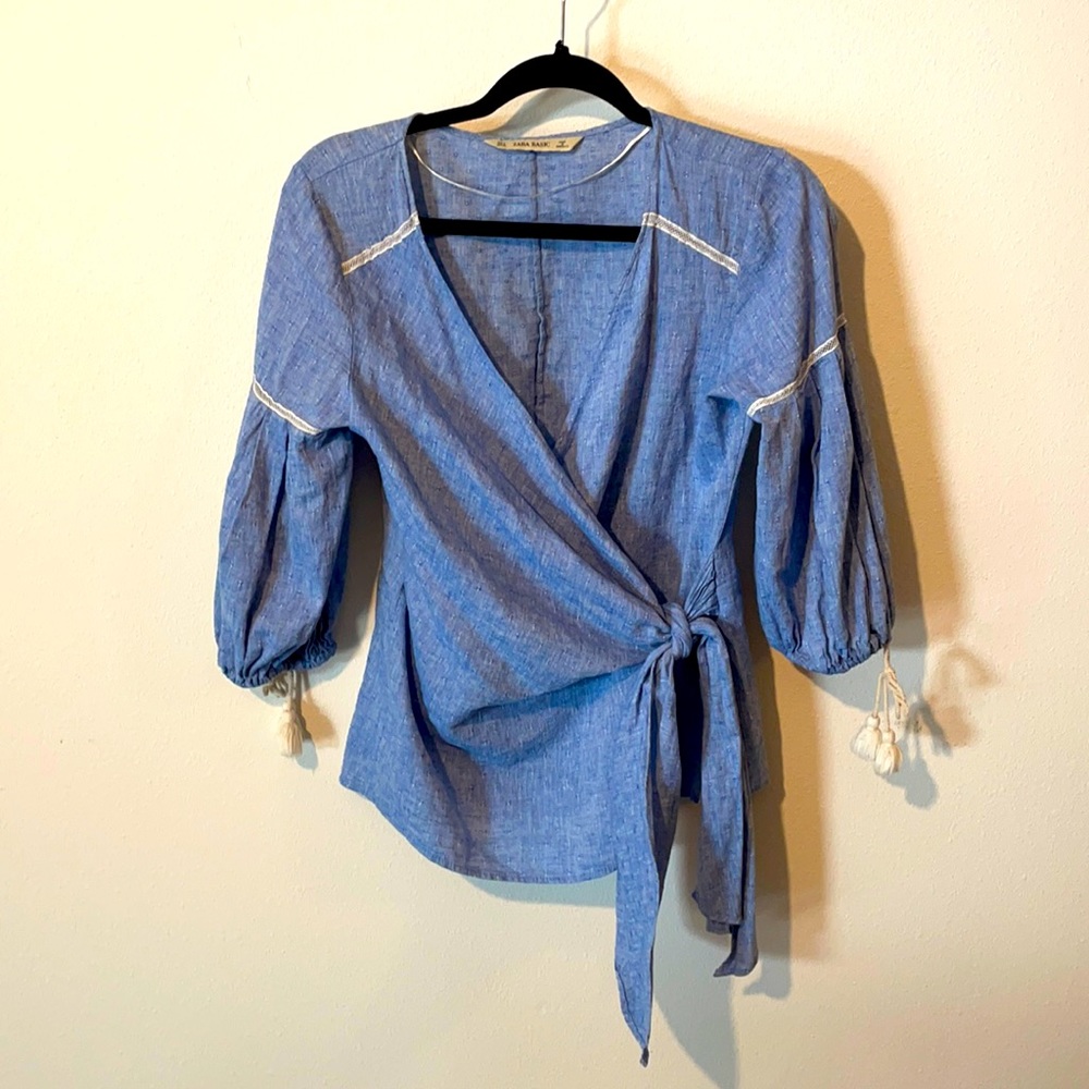 Zara Basic Boho Chambray wrap top